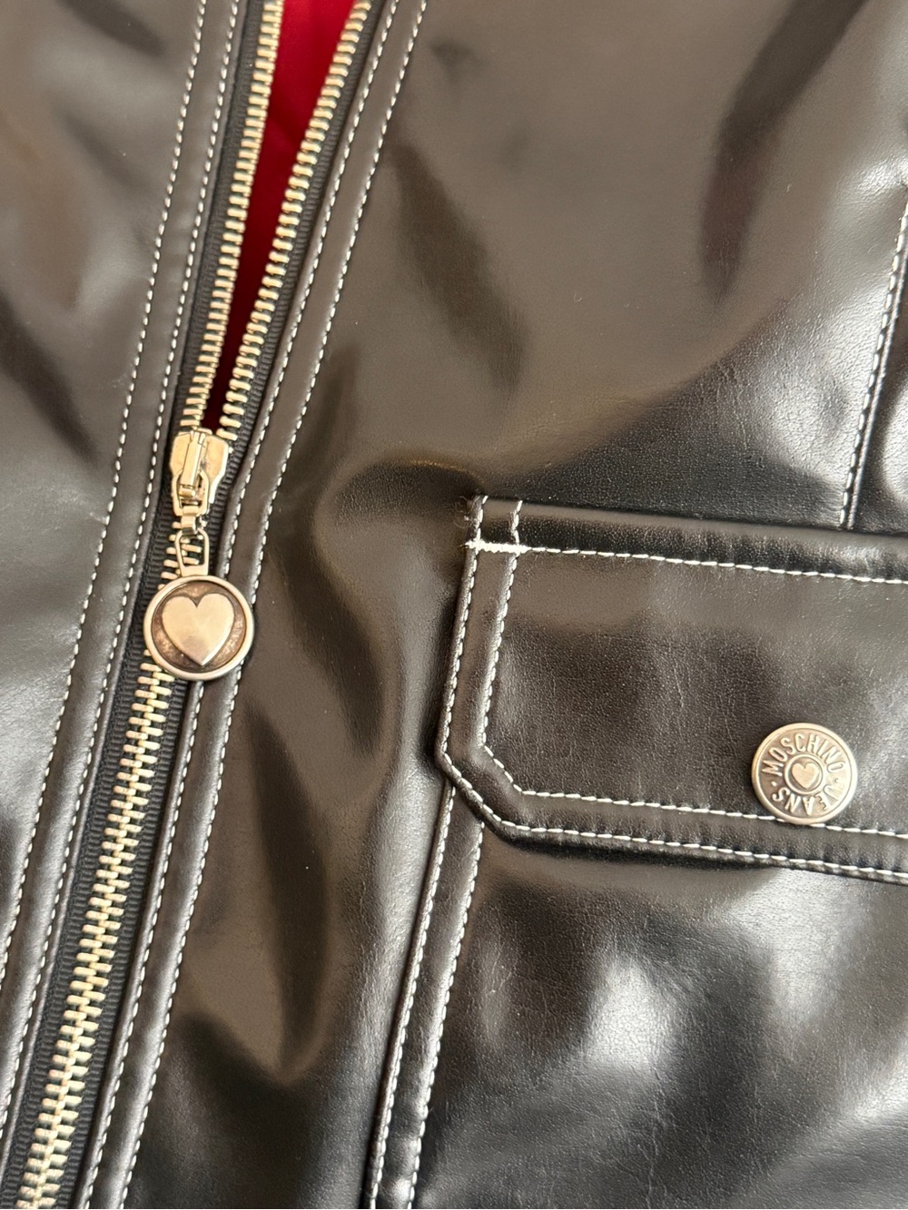 Moschino Black Faux Leather Jacket and Skirt with Red Lining and Silver Zippers - Picture 3 of 5